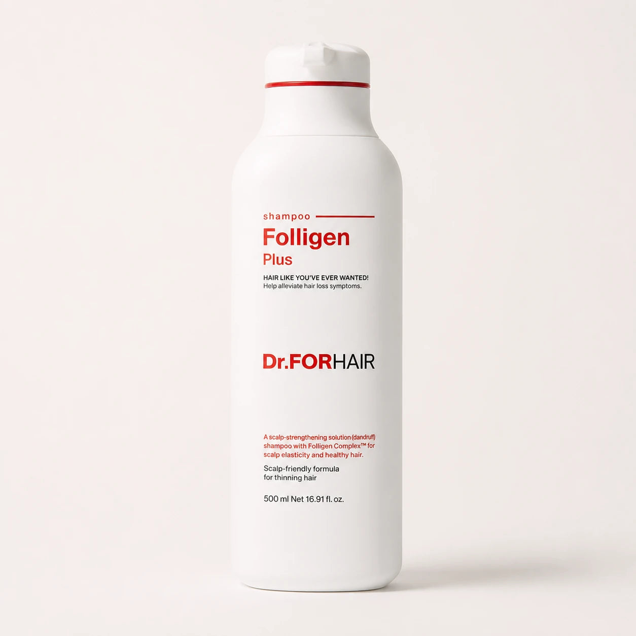 Dr.FORHAIR Folligen Plus Scalp Shampoo 500ml bottle on a clean warm-white background