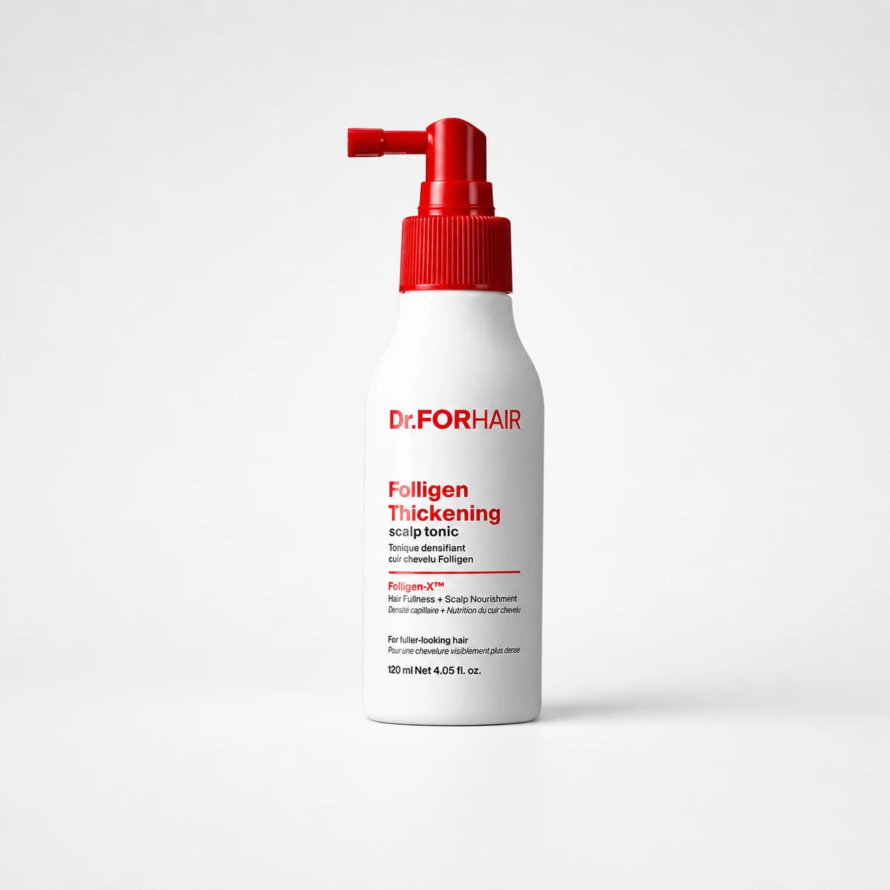 Dr.FORHAIR Folligen Thickening Scalp Tonic 120ml bottle on a warm white studio background
