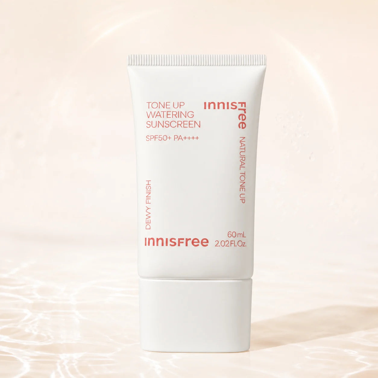 Innisfree Tone Up Watering Sunscreen SPF50+ PA++++ 60ml tube on a luminous ivory background