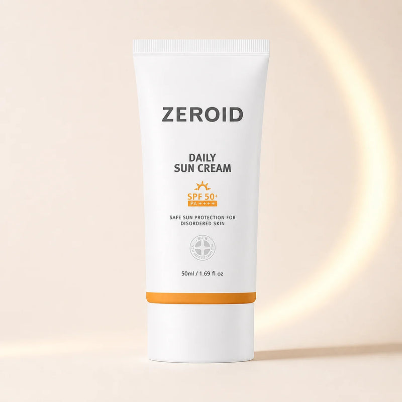 ZEROID Daily Sun Cream SPF50+ PA++++ 50ml mineral sunscreen tube on an ivory background