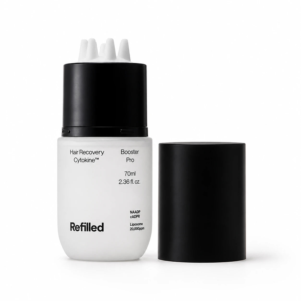 Refilled Hair Recovery Cytokine Booster Pro 70ml bottle with silicone scalp massager and black cap