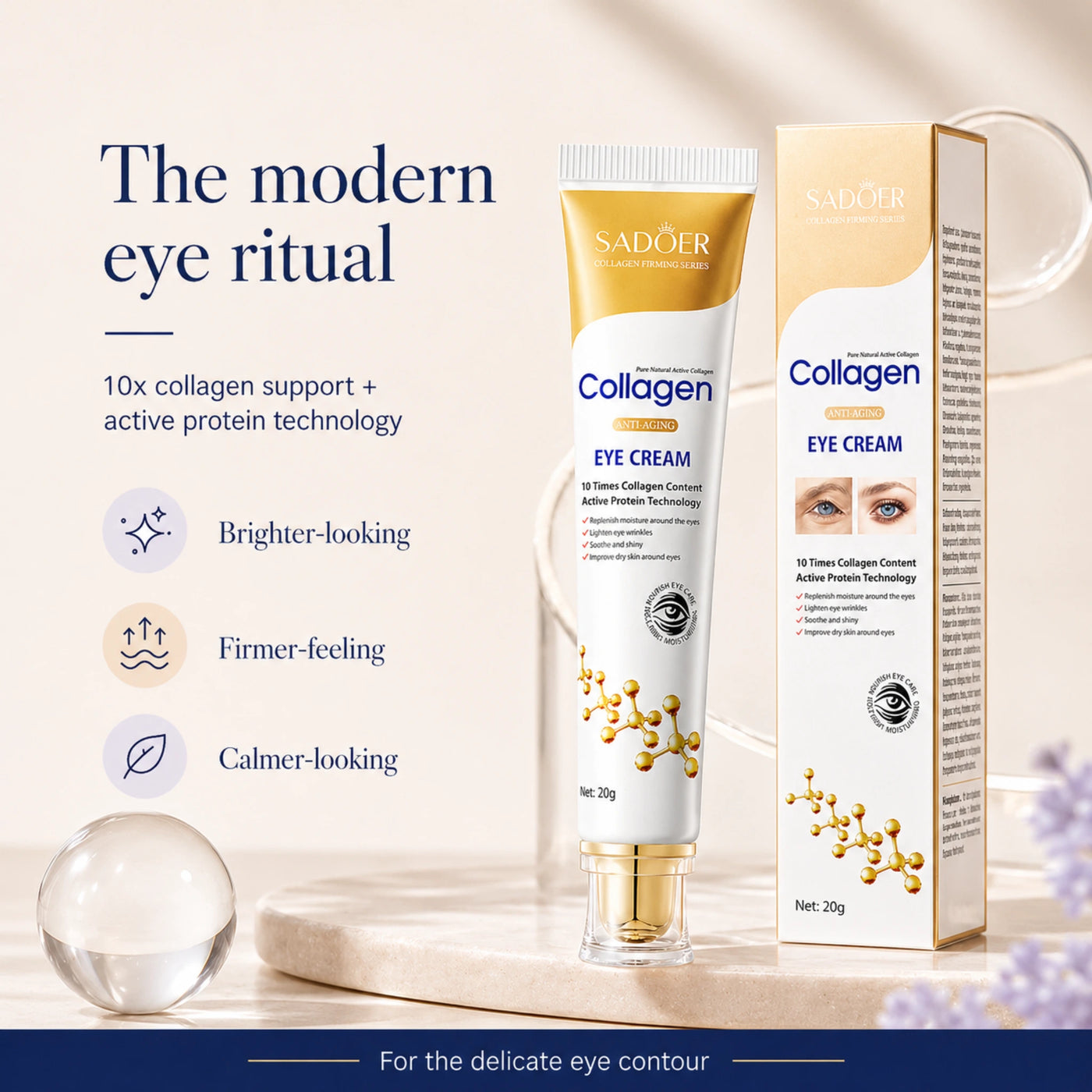 ProtoClinical k-beauty Collagen Eye Cream Sadoer for Fine Lines hero graphic with a woman looking into a mirror and soft morning eye-care styling