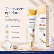 ProtoClinical k-beauty Collagen Eye Cream Sadoer for Fine Lines hero graphic with a woman looking into a mirror and soft morning eye-care styling