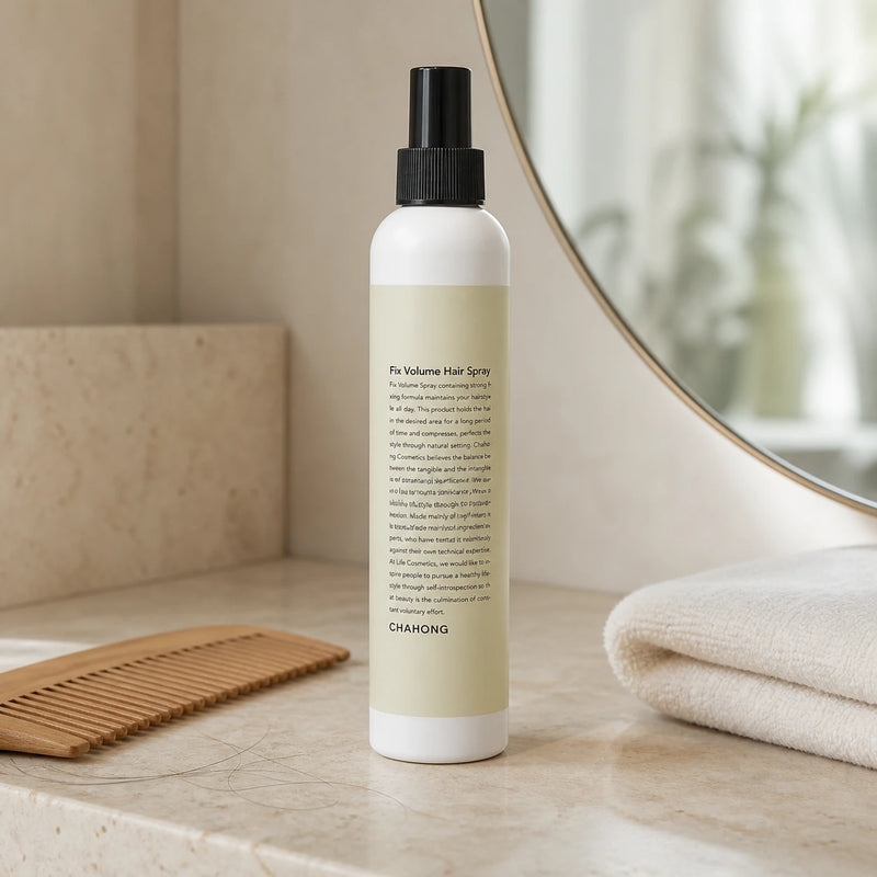 CHAHONG Fix Volume Hair Spray 250ml on a refined salon vanity with comb and towel