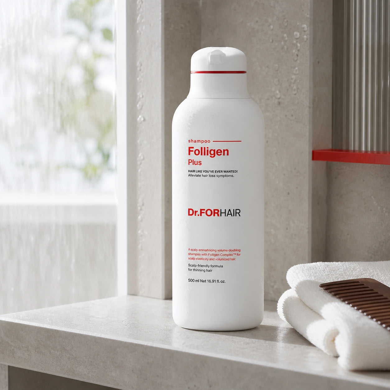 Dr.FORHAIR Folligen Plus Scalp Shampoo on a modern shower shelf with towel and comb