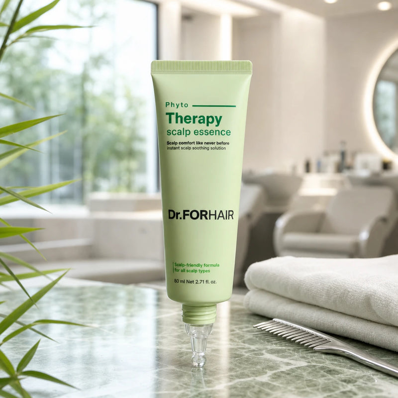 Dr.FORHAIR Phyto Therapy Scalp Essence in a refined salon setting with bamboo and towel