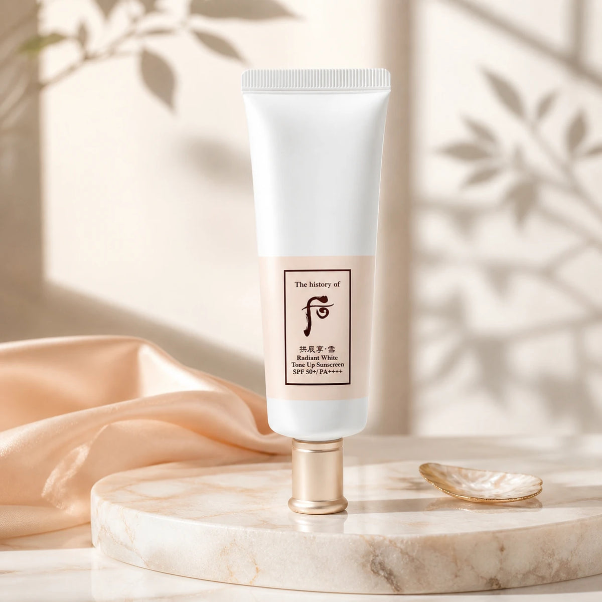 The History of Whoo Radiant White Tone Up Sunscreen in a luminous vanity hero scene