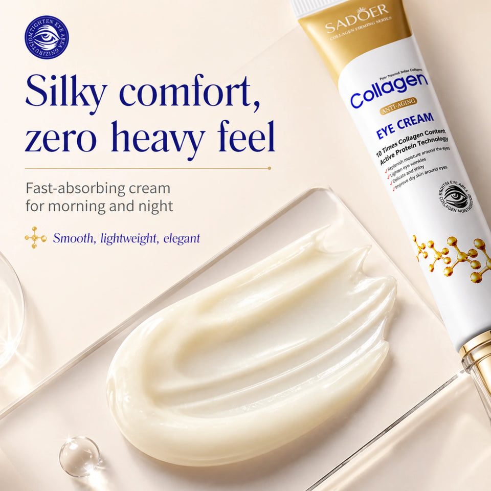 ProtoClinical k-beauty Collagen Eye Cream Sadoer for Fine Lines silky cream texture close-up with smooth curved swirls and a glossy skincare finish on a light background