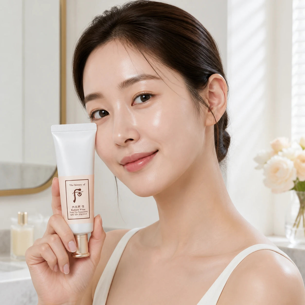 Woman holding The History of Whoo Radiant White Tone Up Sunscreen beside her face