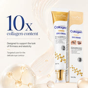 ProtoClinical k-beauty Collagen Eye Cream Sadoer for Fine Lines collagen ingredient graphic with the eye cream tube, 10x collagen content text, and a clean light background