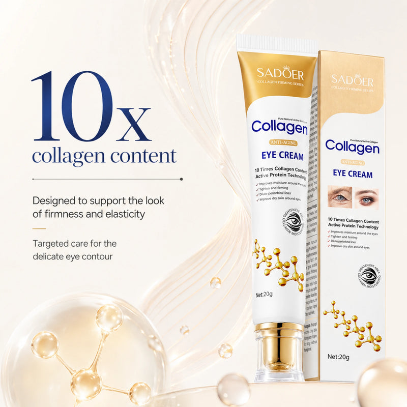 ProtoClinical k-beauty Collagen Eye Cream Sadoer for Fine Lines collagen ingredient graphic with the eye cream tube, 10x collagen content text, and a clean light background