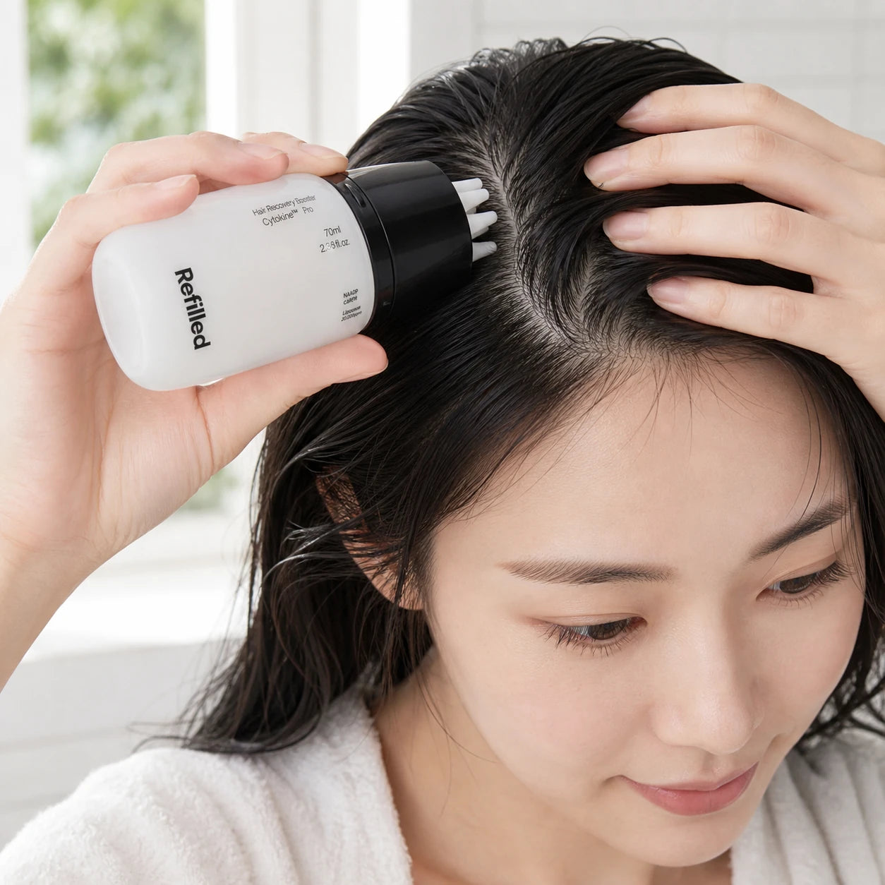 Woman applying Refilled Hair Recovery Cytokine Booster Pro to the scalp with silicone massager