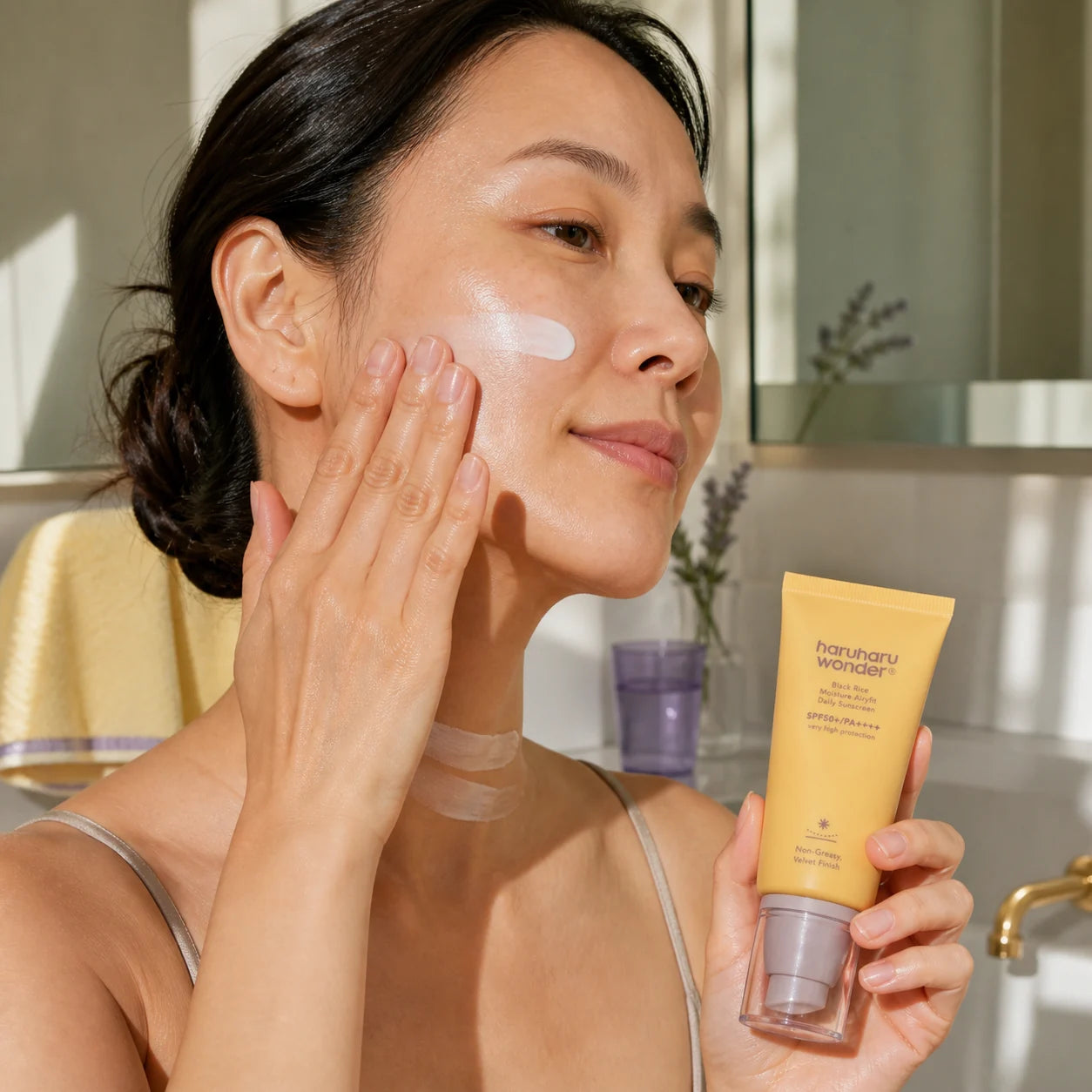 Woman applying haruharu wonder Black Rice Moisture Airyfit Daily Sunscreen to face and neck