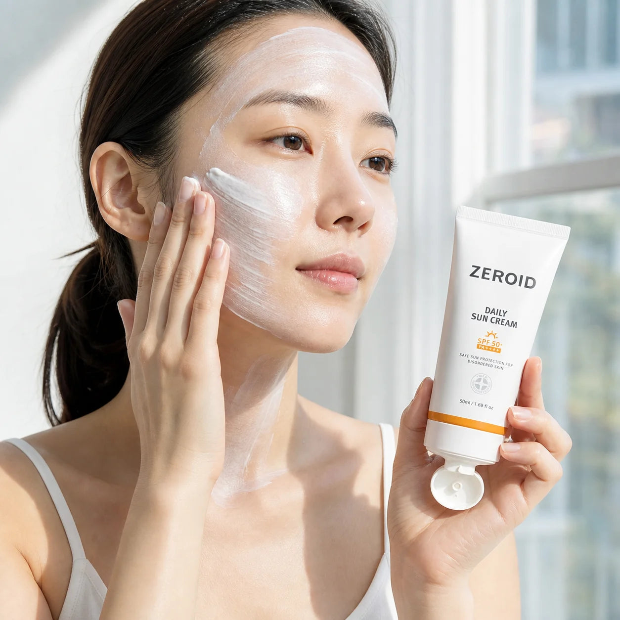 Woman applying ZEROID Daily Sun Cream SPF50+ PA++++ mineral sunscreen to face and neck