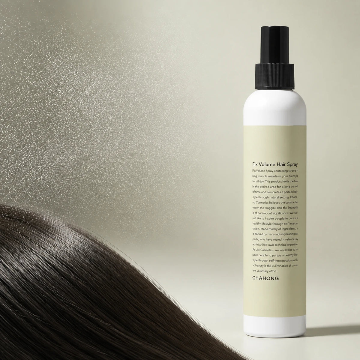 Fine refreshing mist and glossy dark-hair texture beside CHAHONG Fix Volume Hair Spray