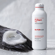 Translucent shampoo gel and creamy lather beside Dr.FORHAIR Folligen Plus Shampoo