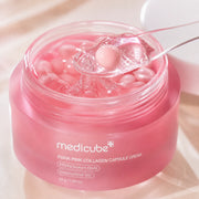 Clear gel and pearl-pink capsule texture of medicube PDRN Pink Collagen Capsule Cream