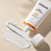 White cream texture and open tube of ZEROID Daily Sun Cream SPF50+ PA++++ 50ml