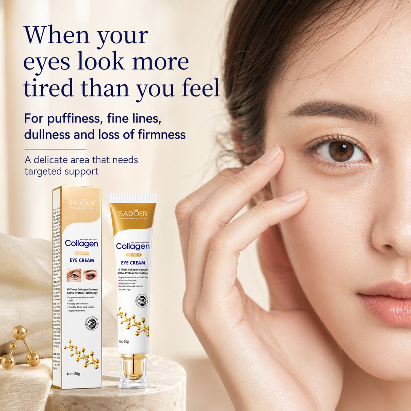ProtoClinical k-beauty Collagen Eye Cream Sadoer for Fine Lines concern graphic with a close-up eye area, tired-looking under-eye focus, and a clean light background