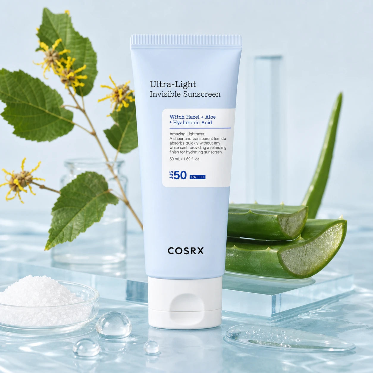 COSRX Ultra-Light Invisible Sunscreen with aloe witch hazel and hydrating formula cues