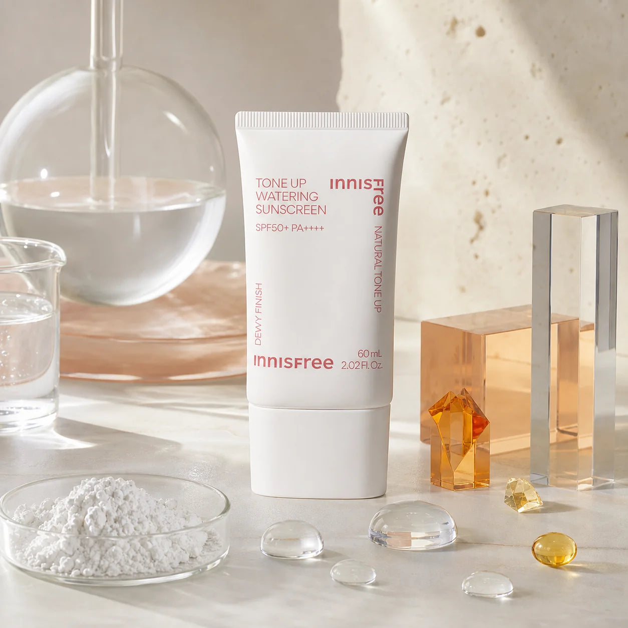 Innisfree Tone Up Watering Sunscreen with hybrid UV filter glycerin and vitamin cues
