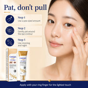 ProtoClinical k-beauty Collagen Eye Cream Sadoer for Fine Lines how-to-use infographic with under-eye application steps and a pat-don't-pull instruction on a clean light background