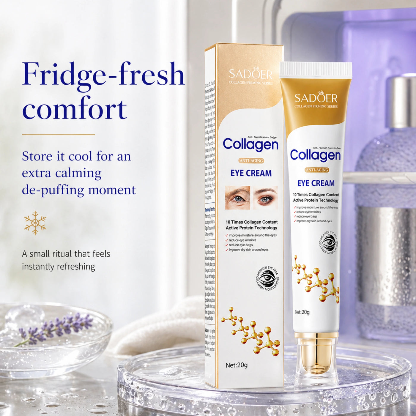 ProtoClinical k-beauty Collagen Eye Cream Sadoer for Fine Lines AM and PM routine infographic with two day-and-night sections and eye care steps on a clean light background
