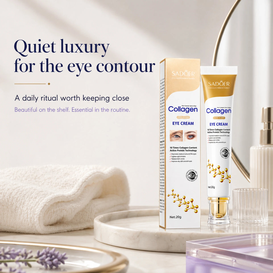 ProtoClinical k-beauty Collagen Eye Cream Sadoer for Fine Lines results timeline infographic with multiple time markers and eye care progress stages on a clean light background