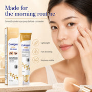 ProtoClinical k-beauty Collagen Eye Cream Sadoer for Fine Lines benefits infographic with three eye care pillars and icon-led text sections on a clean light background