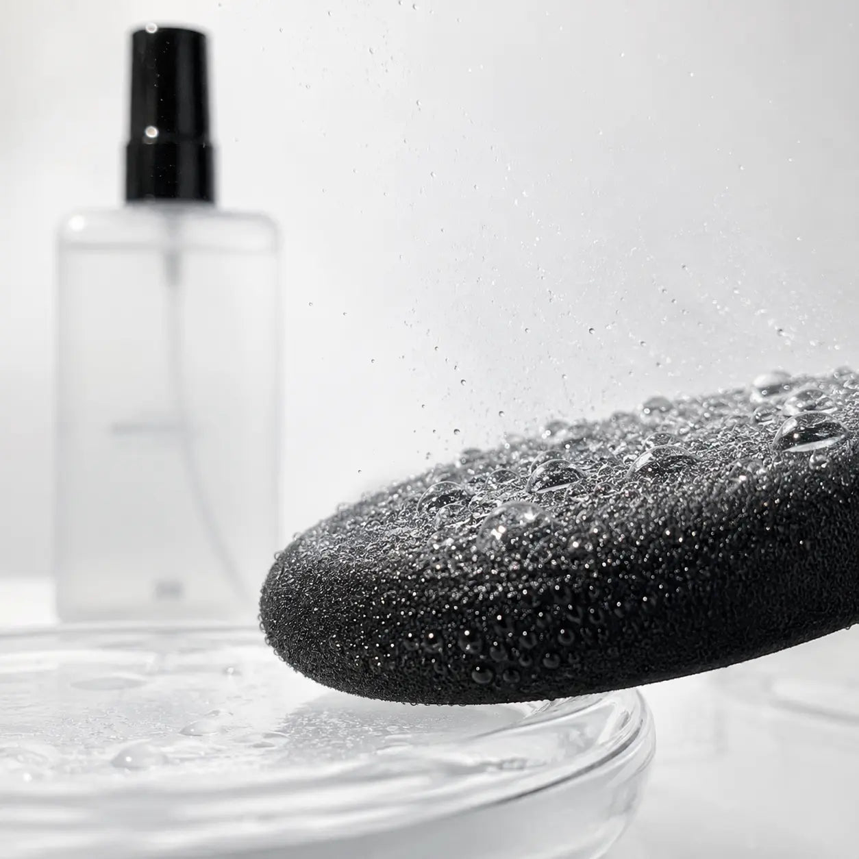 3CE Makeup Fixer Mist clear droplets on a makeup puff