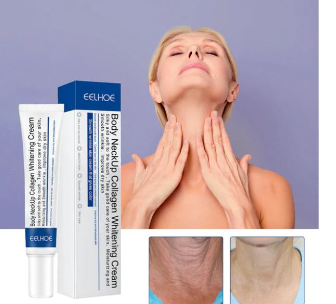 ProtoClinical k-beauty Collagen Revive Neck Whitening Cream - Reduces Fine Lines neck care graphic with a centered peach neck silhouette, soft blue side panels, and a pastel beige background