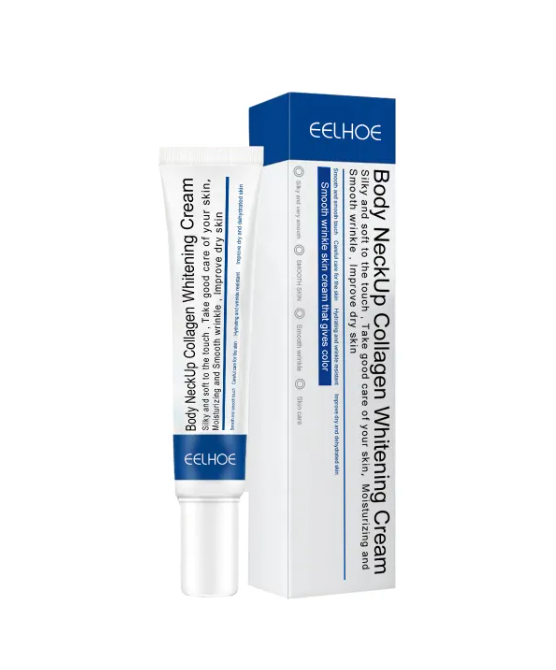 ProtoClinical k-beauty Collagen Revive Neck Whitening Cream - Reduces Fine Lines single upright pale blue cream tube centered on a clean white background with soft peach side shading