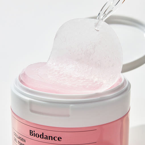 BIODANCE: Collagen Gel Toner Pads 140g/ (60Units) by ProtoClinical shown in branded toner pad packaging on a white background, highlighting the product presentation for a k-beauty skincare routine.