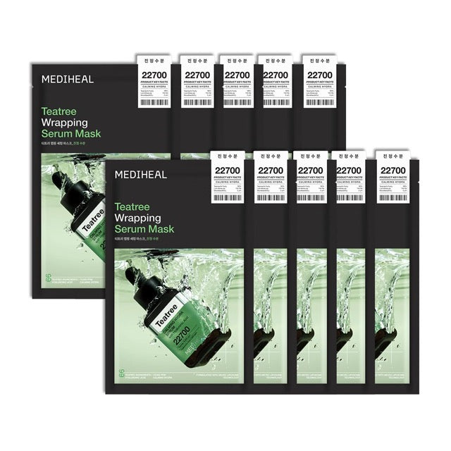 MEDIHEAL Teatree Wrapping Serum Mask 25ml X 10ea by ProtoClinical shown in front-facing mask packaging on a white background for a k-beauty skincare routine.