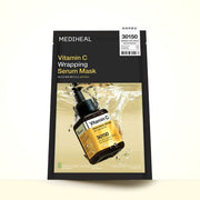 ProtoClinical k-beauty MEDIHEAL Vitamin C Wrapping Serum Mask 25ml X 10ea single upright mask package with a dark upper section, warm beige lower section, and soft blue side accents on a white background