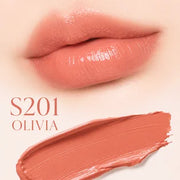 ProtoClinical k-beauty [DEAR DAHLIA] Blooming Edition Lip Paradise Sheer Dew Tinted Lipstick 3.4g shade OLIVIA shown as three horizontal warm coral lip color swatches stacked on a pale cream background