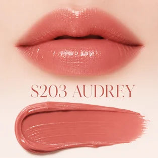 ProtoClinical k-beauty [DEAR DAHLIA] Blooming Edition Lip Paradise Sheer Dew Tinted Lipstick 3.4g shade AUDREY shown as three horizontal coral lip color swatches with deeper mauve bands on a pale cream background