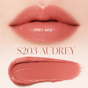 ProtoClinical k-beauty [DEAR DAHLIA] Blooming Edition Lip Paradise Sheer Dew Tinted Lipstick 3.4g shade AUDREY shown as three horizontal coral lip color swatches with deeper mauve bands on a pale cream background