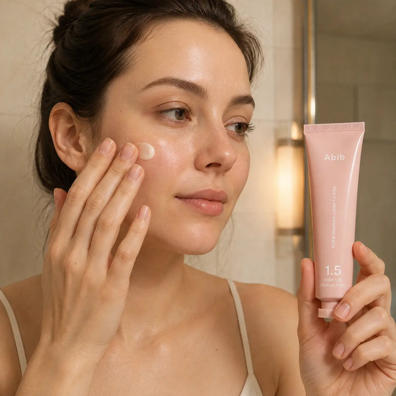 Applying Abib PDRN Intensive Cream 1.5 to the cheek