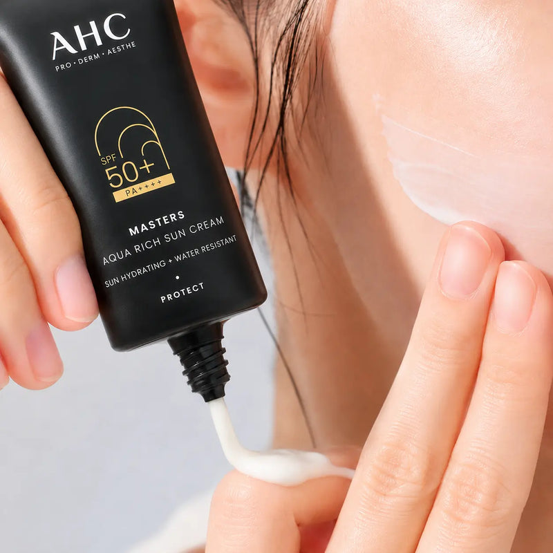 AHC Masters Aqua Rich Sun Cream applied to the cheek