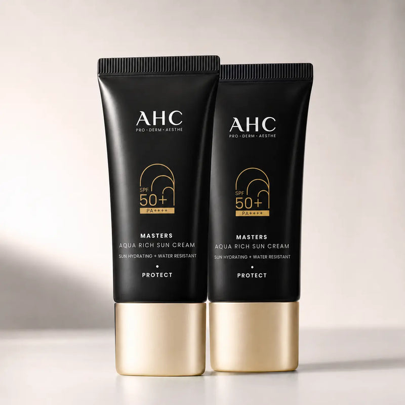 Two AHC Masters Aqua Rich Sun Cream SPF50+ PA++++ 30 ml tubes