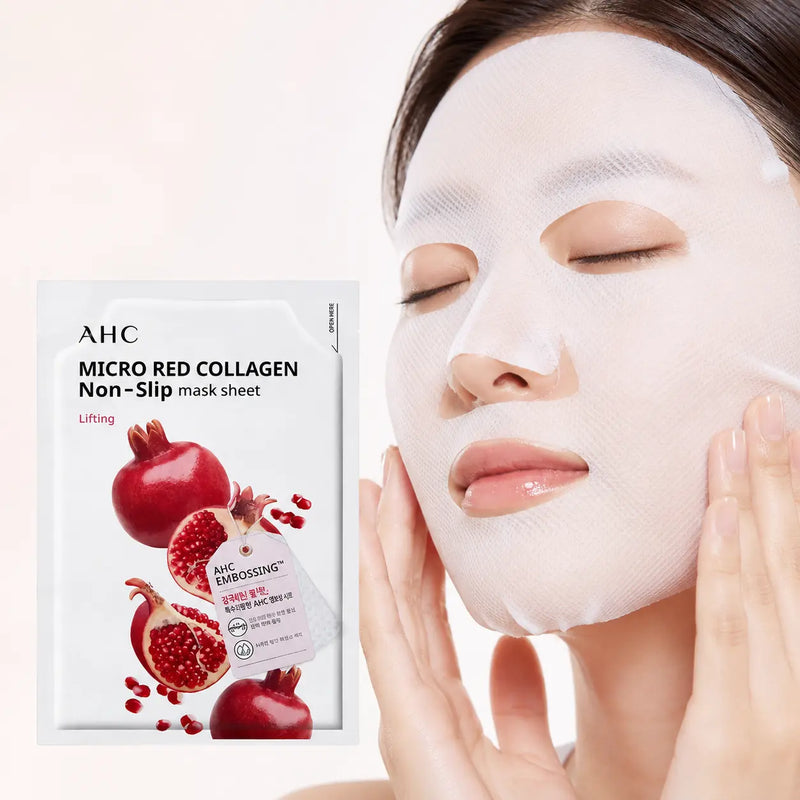 AHC Micro Red Collagen sheet mask adhering closely to the face