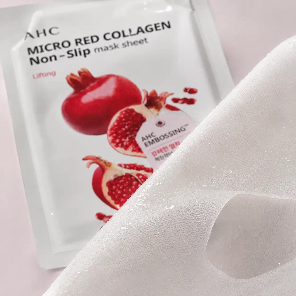 Clear essence on fine embossed AHC Micro Red Collagen sheet fibers