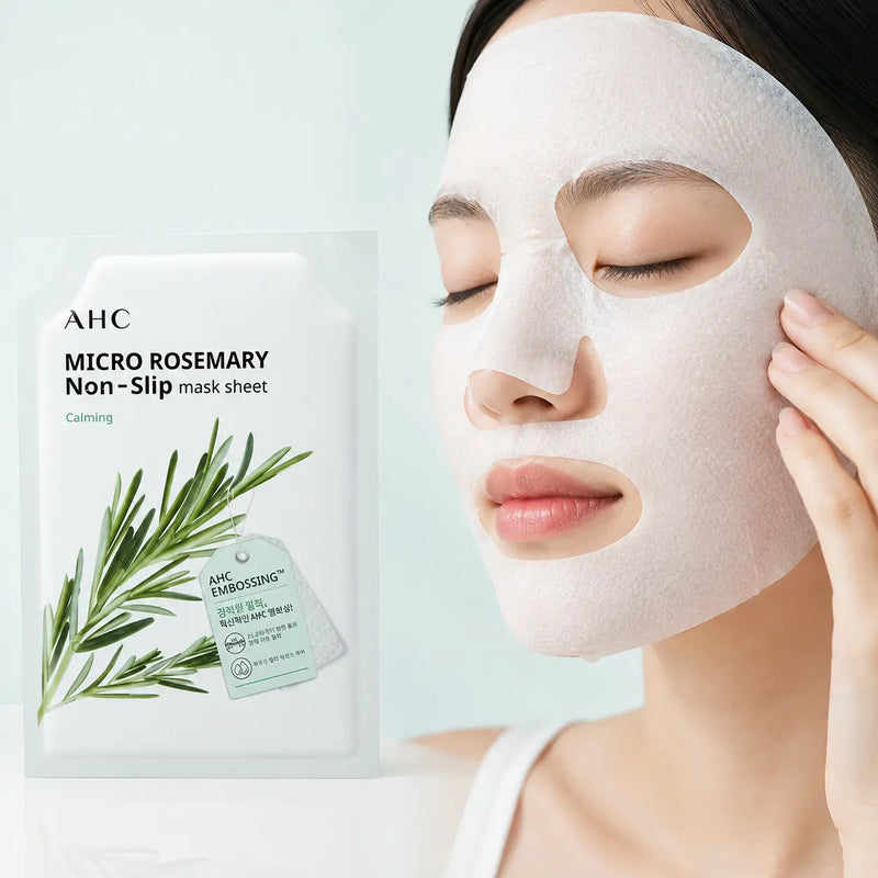 AHC Micro Rosemary sheet mask adhering closely to the face
