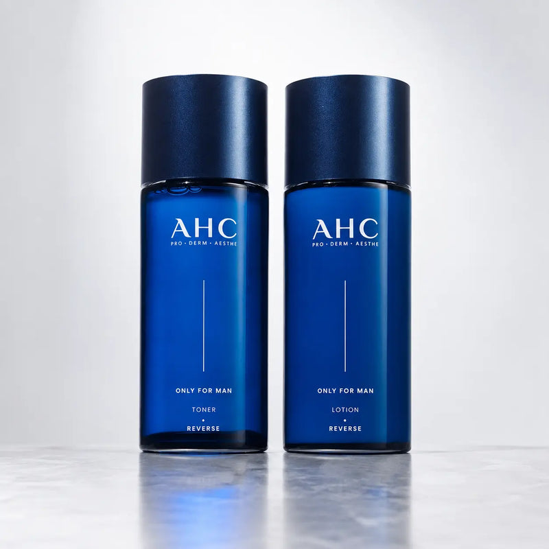 AHC Only For Man Toner and Lotion Set in sapphire blue bottles