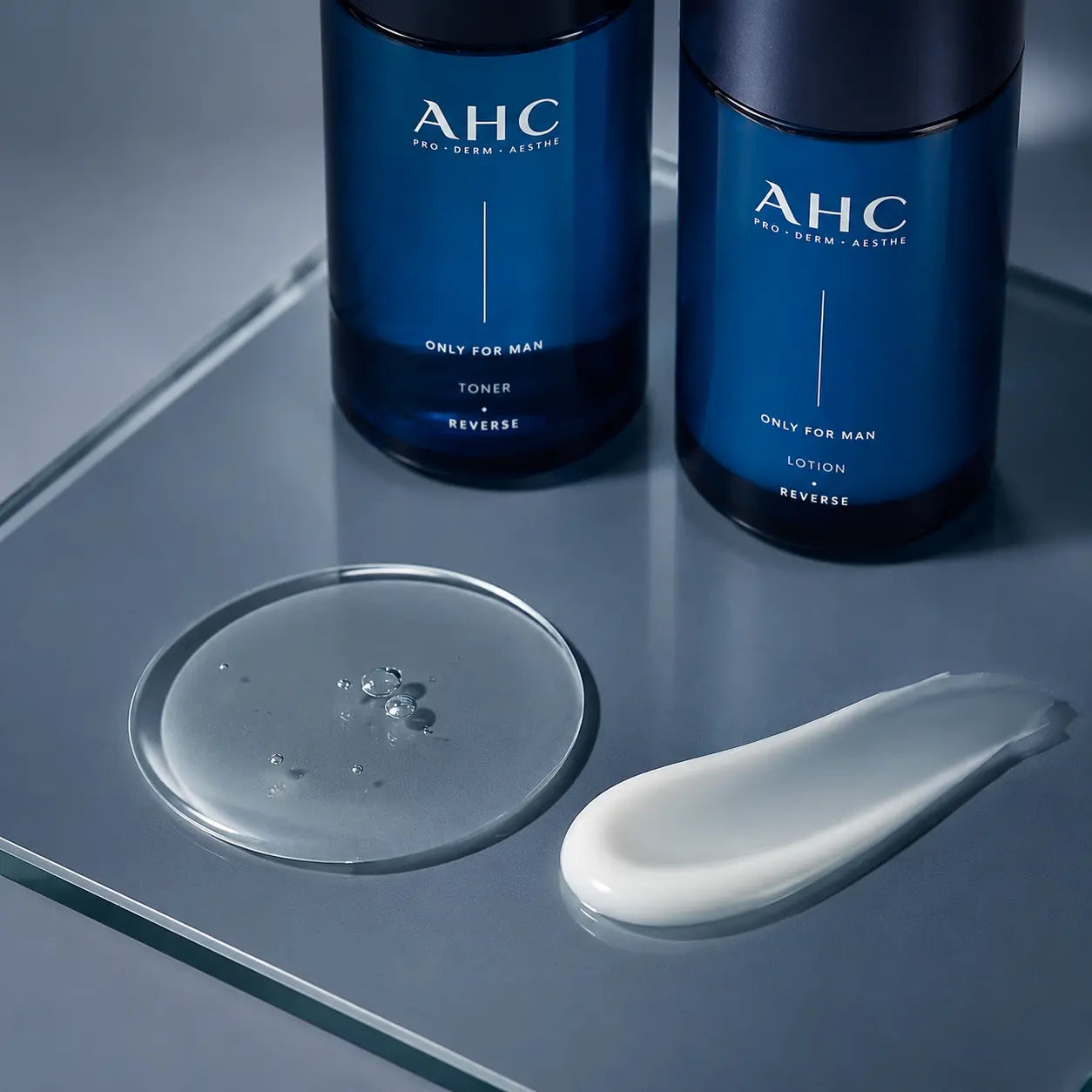 AHC Only For Man clear toner and lightweight lotion textures