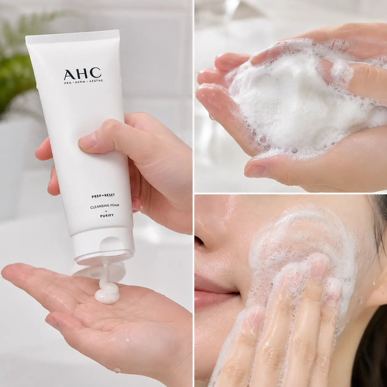 AHC cleansing foam dispensed, lathered, and massaged over damp skin