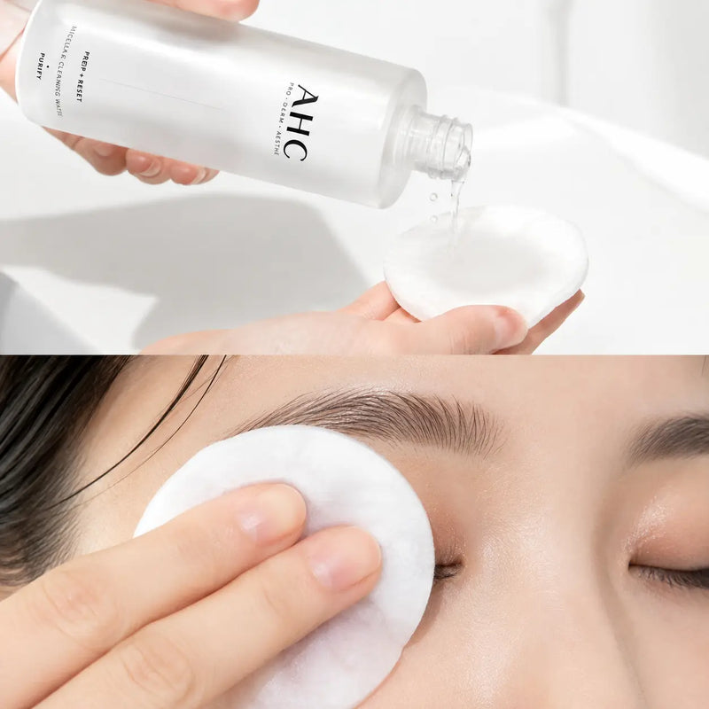 AHC micellar cleansing water saturating a cotton pad and dissolving eye makeup
