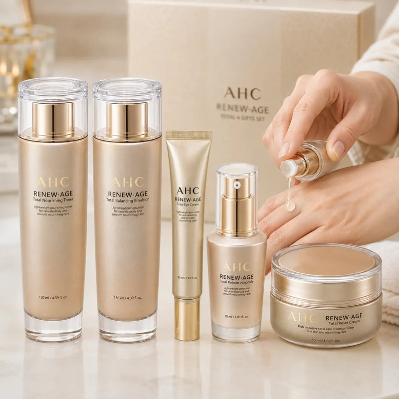 AHC Renew-Age five-piece skincare routine with ampoule application