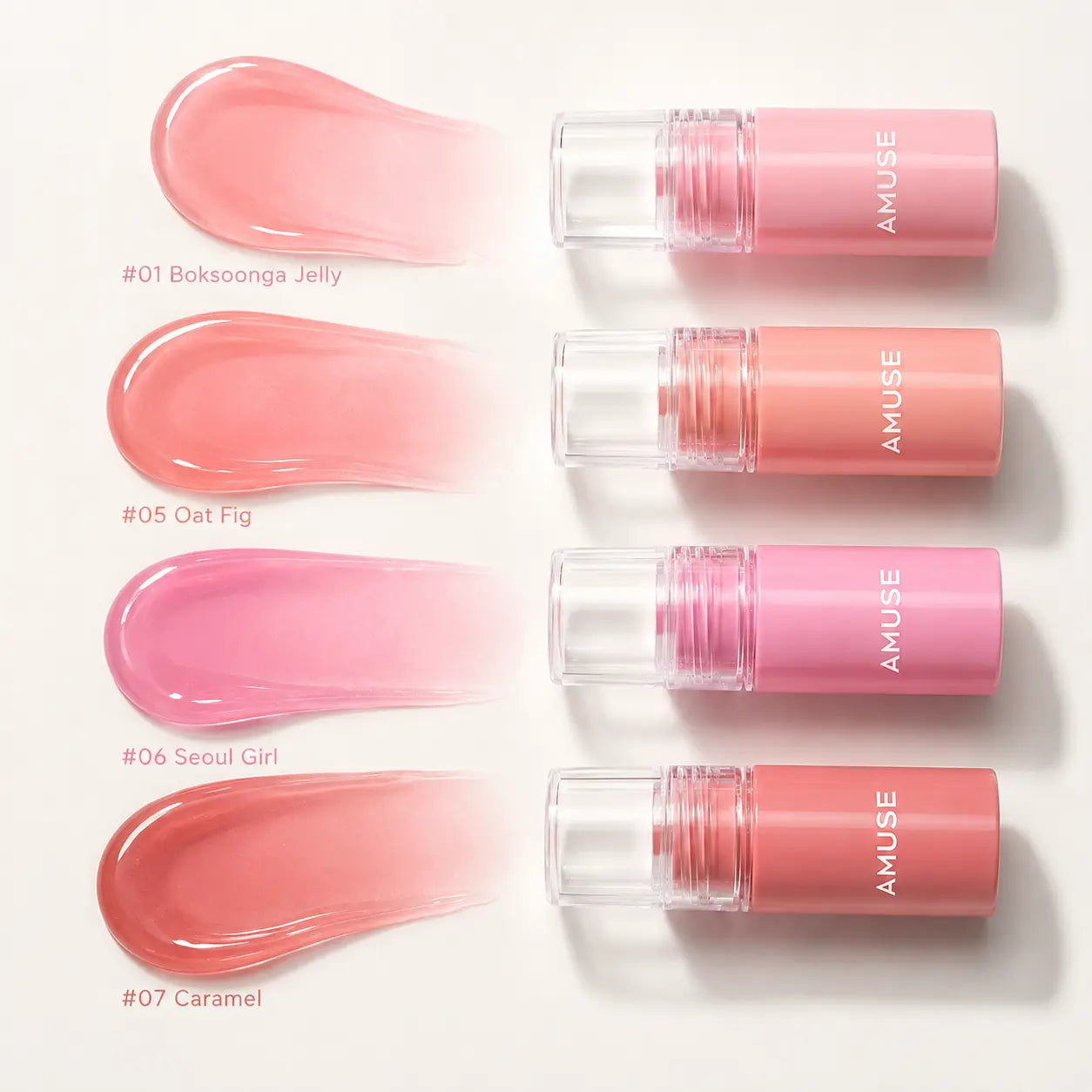 AMUSE Mini Jel-Fit Tint four glossy jelly shade swatches